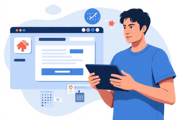 Ilustracja potwierdzenia rezerwacji online, przedstawiająca osobę przeglądającą e-mail na tablecie z ikonami kalendarza i zegara w tle.